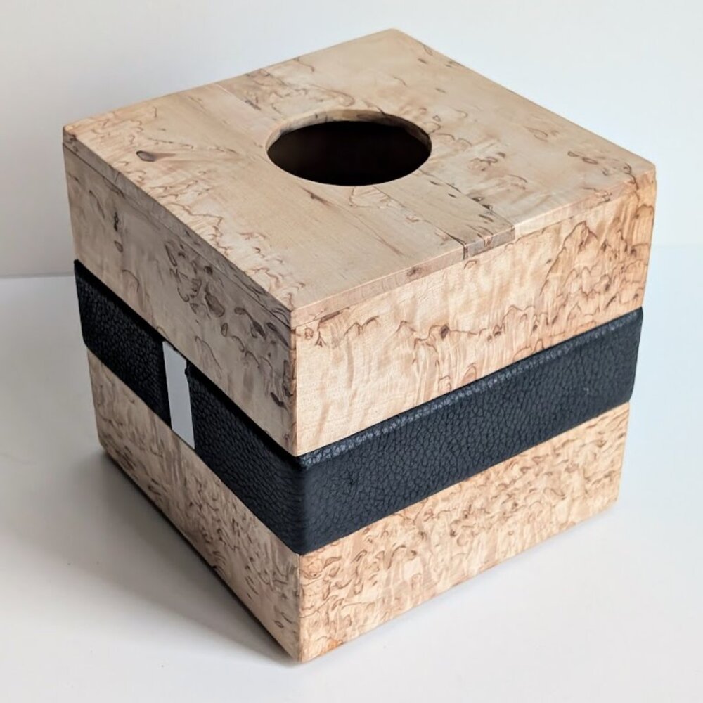 Karelian Birch Burl Wood Tissue Box Cover Wooden Tissue Box Holder w/ Leather